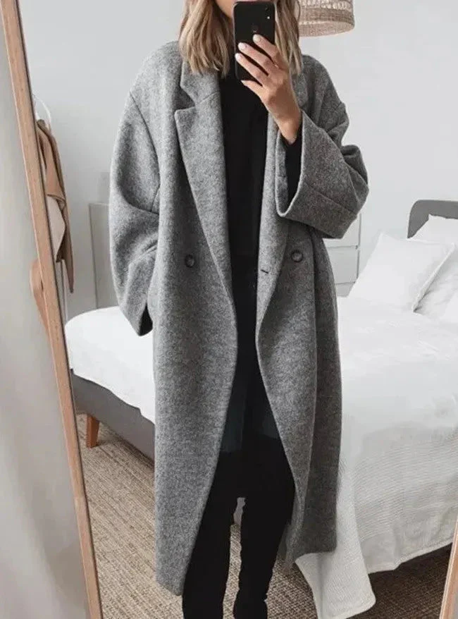 Women Oversized Coat with Lapel Collar and Stretch Fabric Blend, Button Front