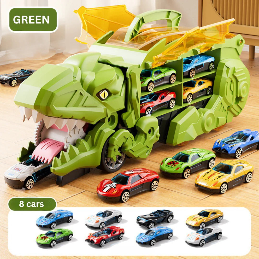 Transformable Dinosaur Truck with Dual Racing Tracks and Internal Car Storage