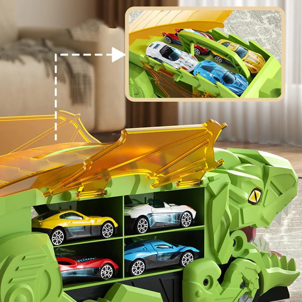 Transformable Dinosaur Truck with Dual Racing Tracks and Internal Car Storage