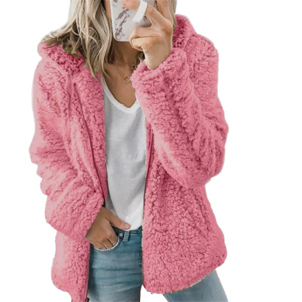 Textured Fleece Coat with Full-Length Zipper and Side Pockets