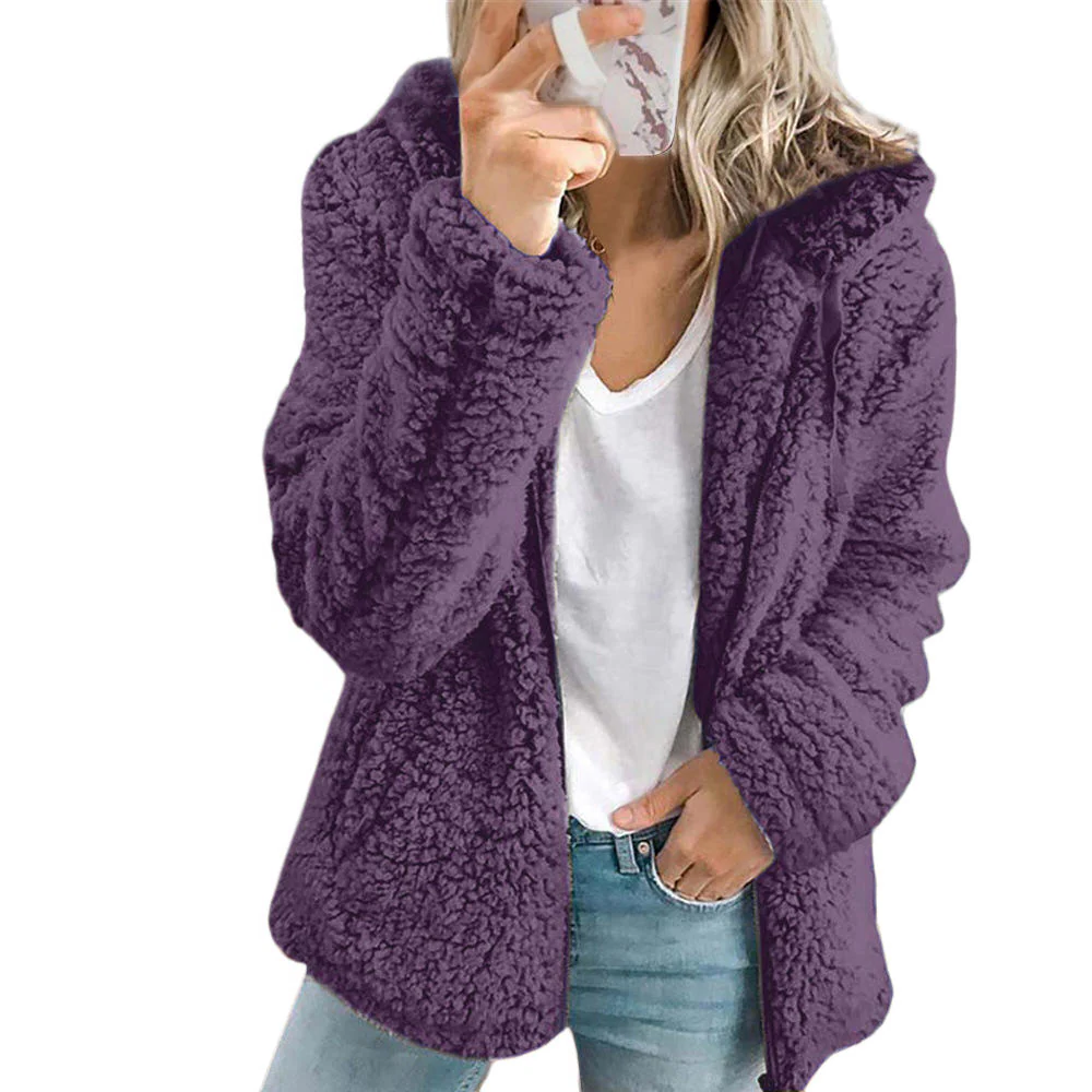Textured Fleece Coat with Full-Length Zipper and Side Pockets