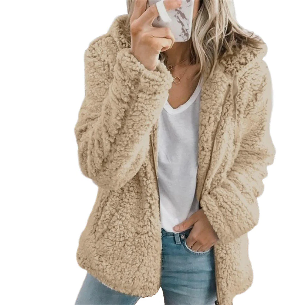 Textured Fleece Coat with Full-Length Zipper and Side Pockets