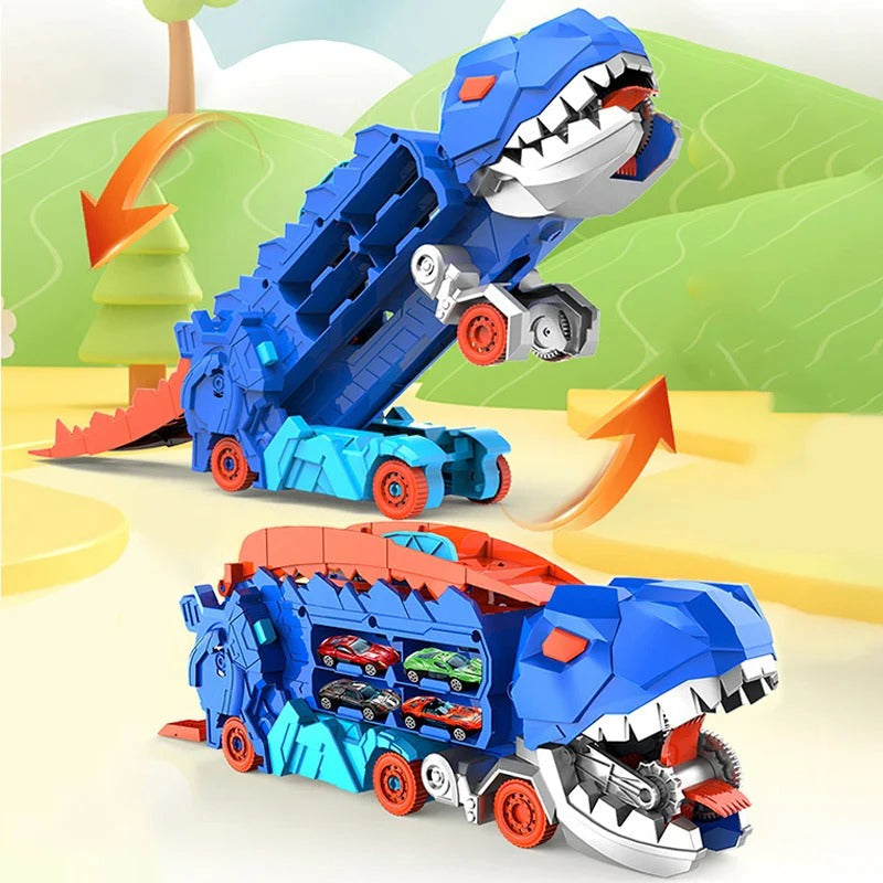 Transformable Dinosaur Truck with Dual Racing Tracks and Internal Car Storage