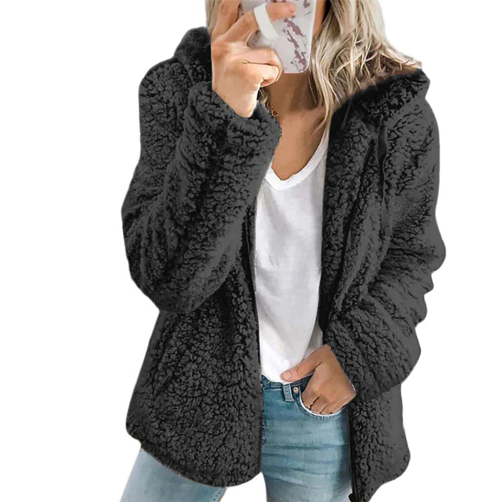 Textured Fleece Coat with Full-Length Zipper and Side Pockets