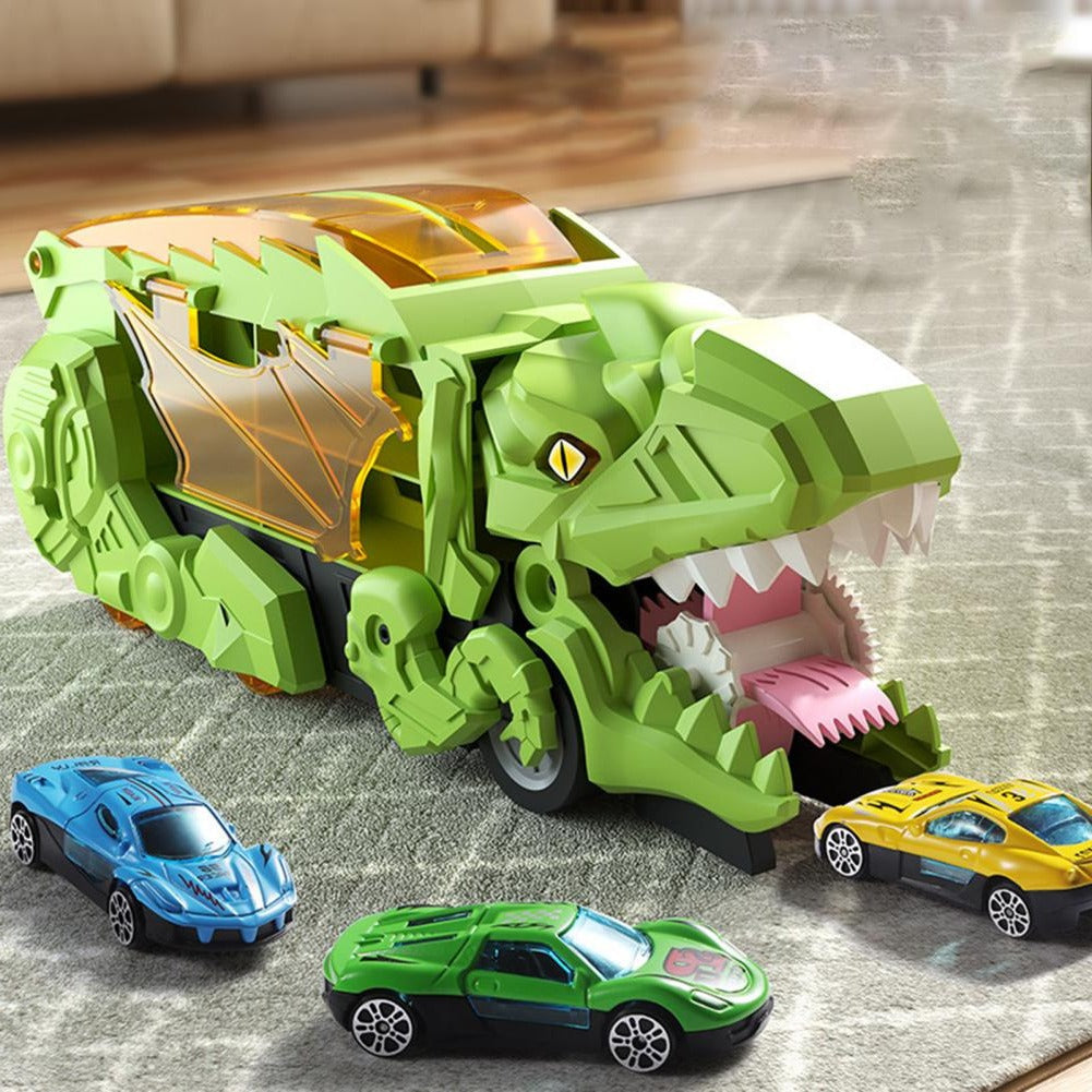 Transformable Dinosaur Truck with Dual Racing Tracks and Internal Car Storage