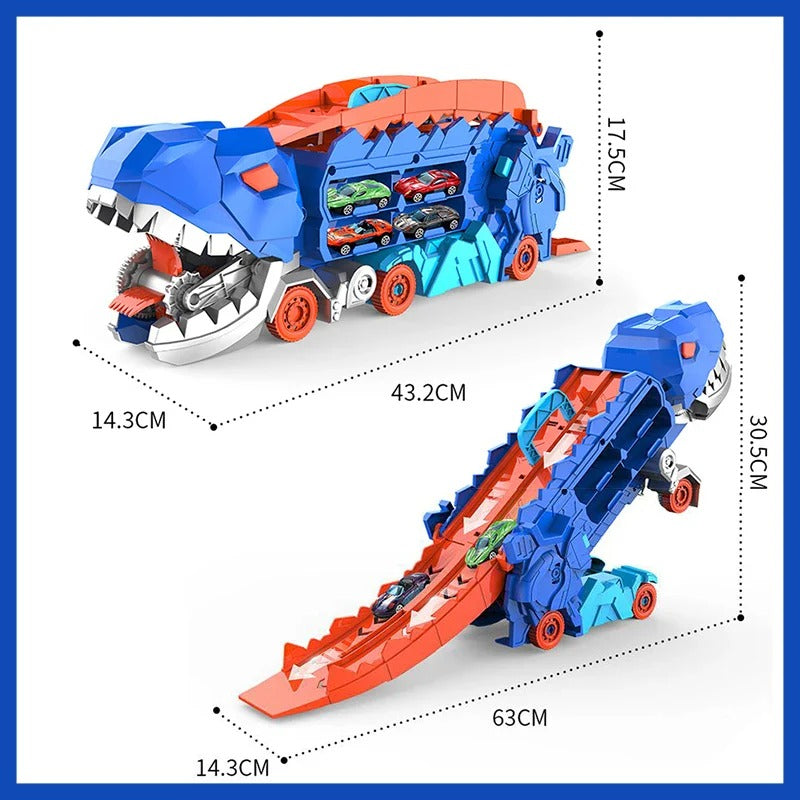 Transformable Dinosaur Truck with Dual Racing Tracks and Internal Car Storage