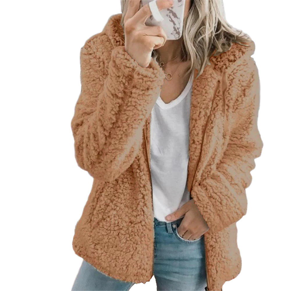 Textured Fleece Coat with Full-Length Zipper and Side Pockets