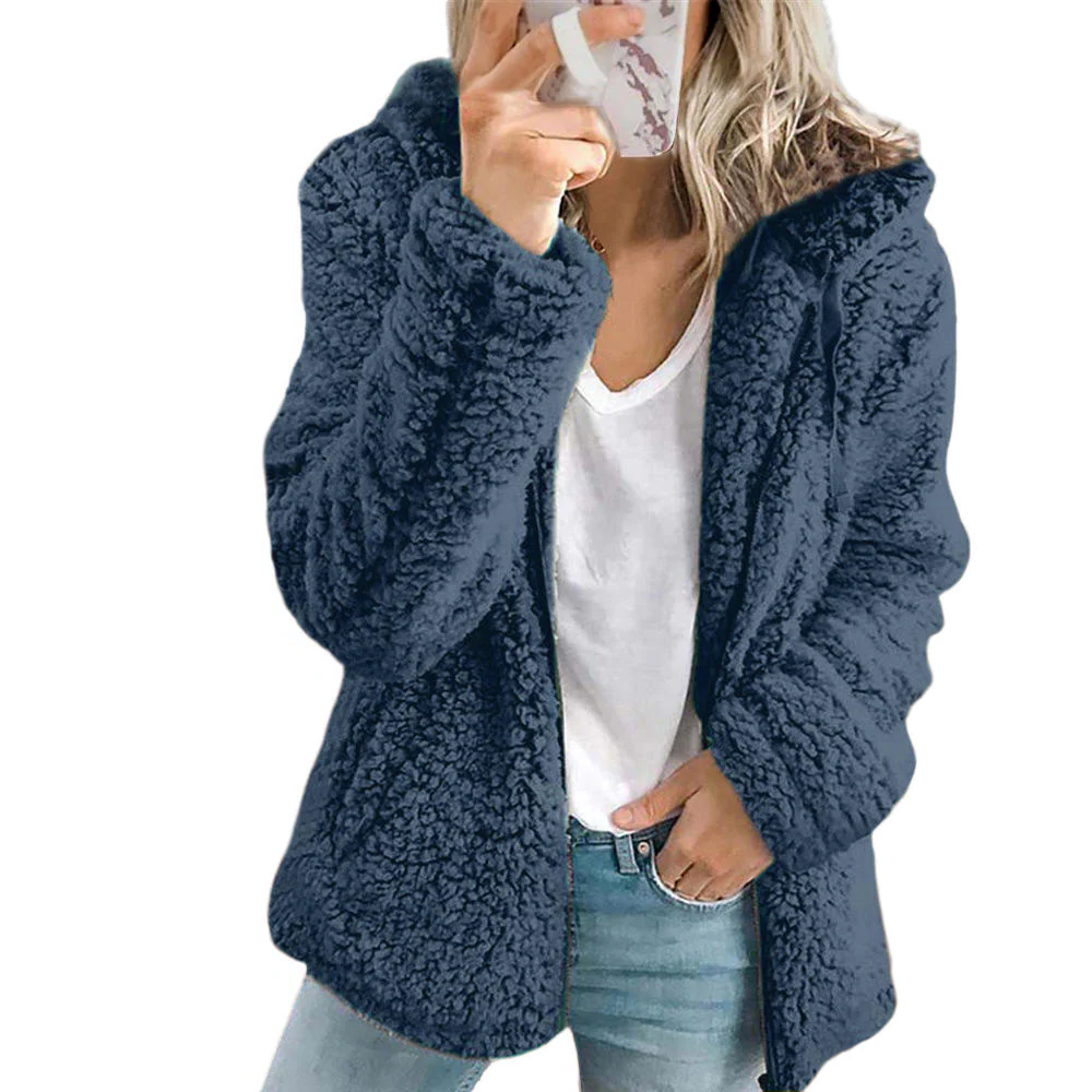 Textured Fleece Coat with Full-Length Zipper and Side Pockets
