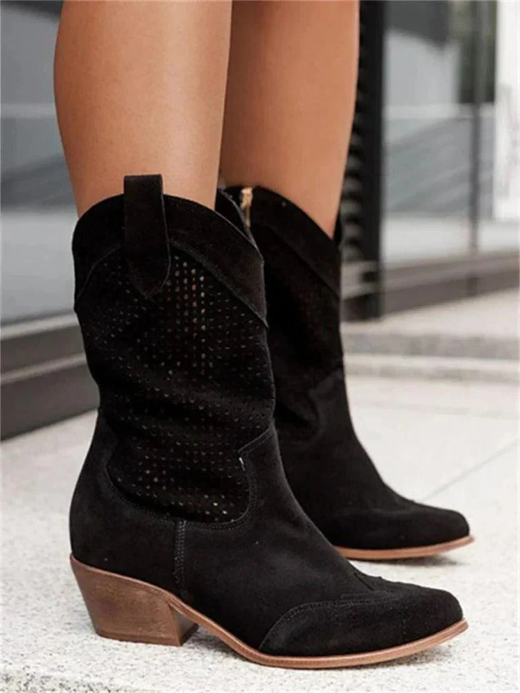 Cowboy Boots with Side Zipper and Contoured Sole, Mid Calf Height