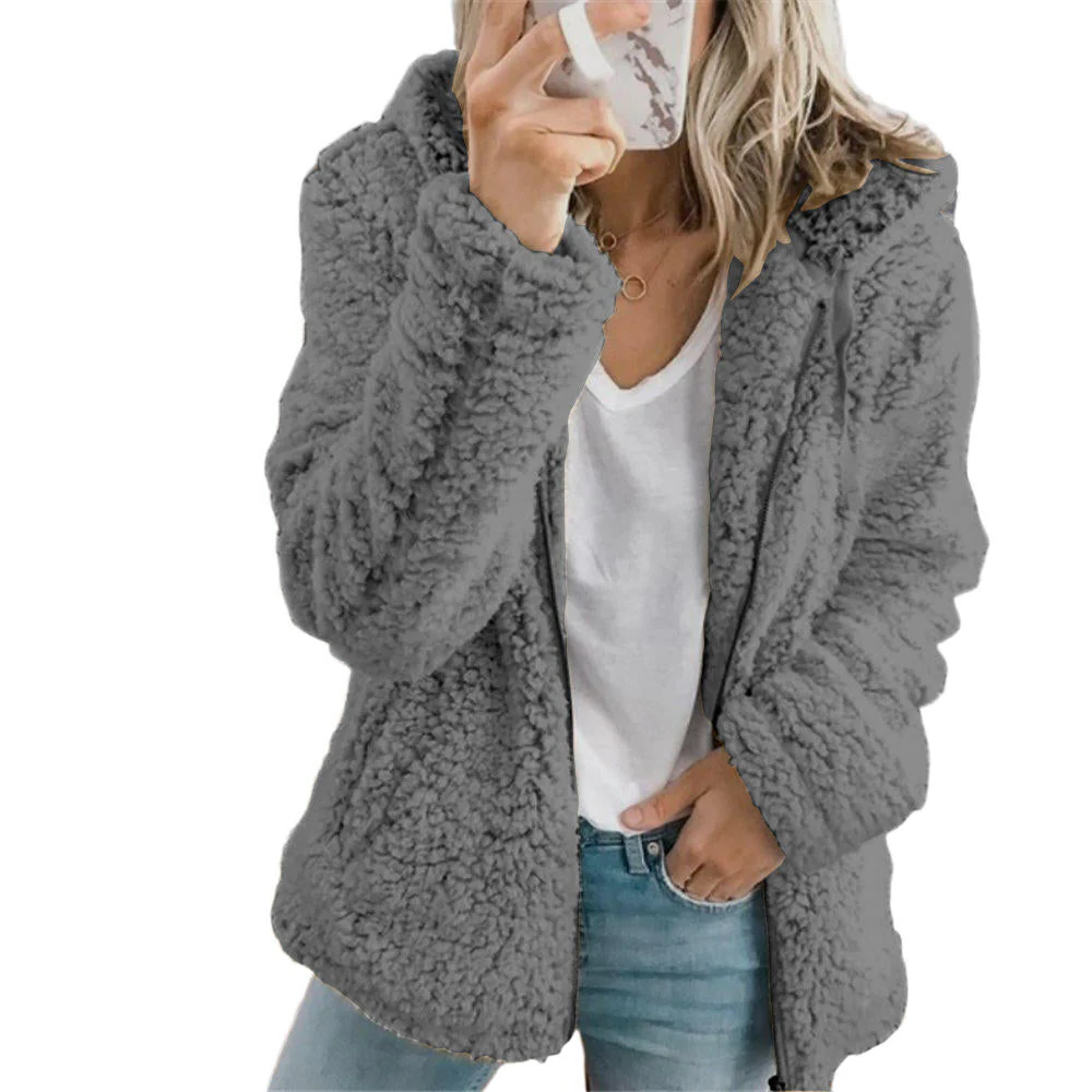 Textured Fleece Coat with Full-Length Zipper and Side Pockets