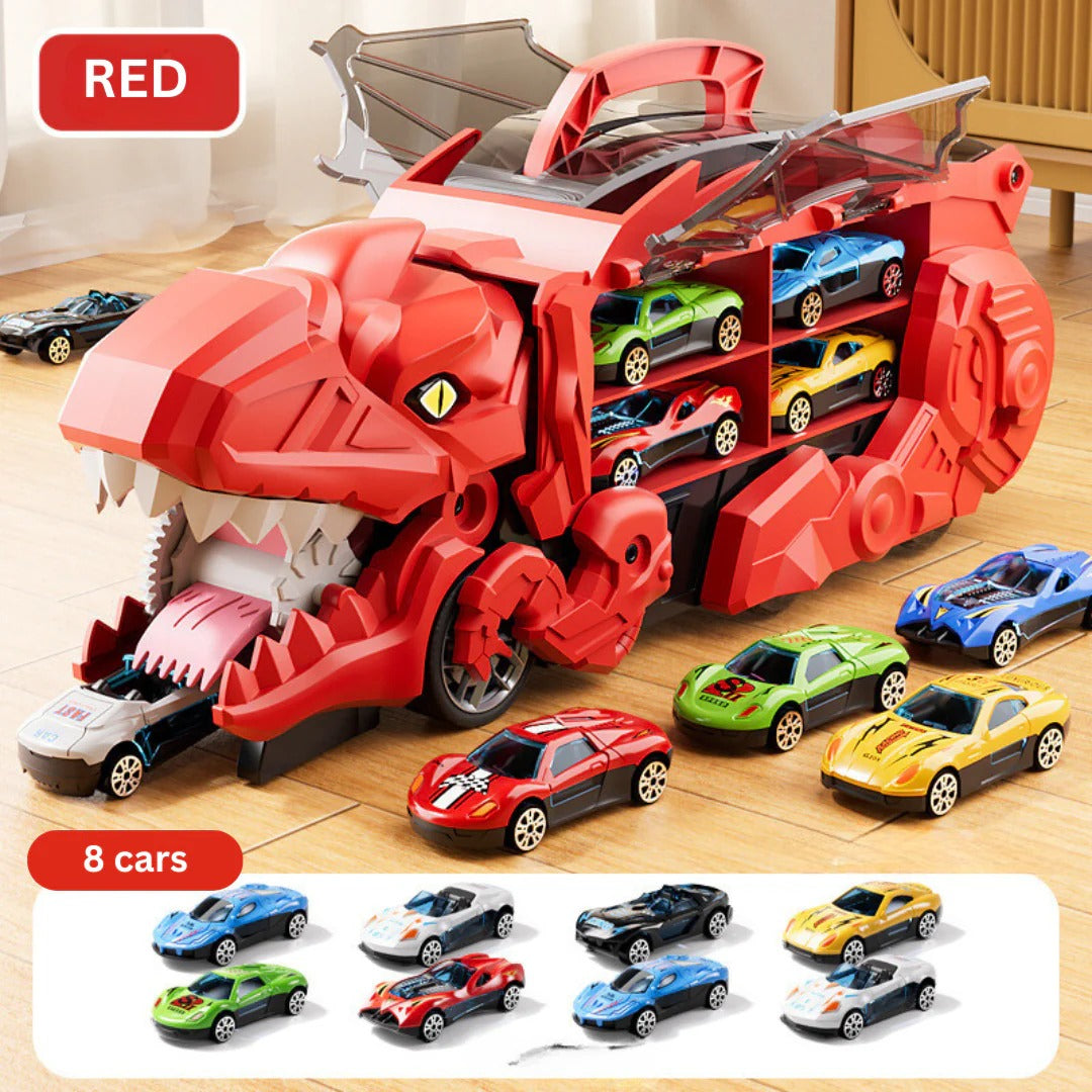 Transformable Dinosaur Truck with Dual Racing Tracks and Internal Car Storage