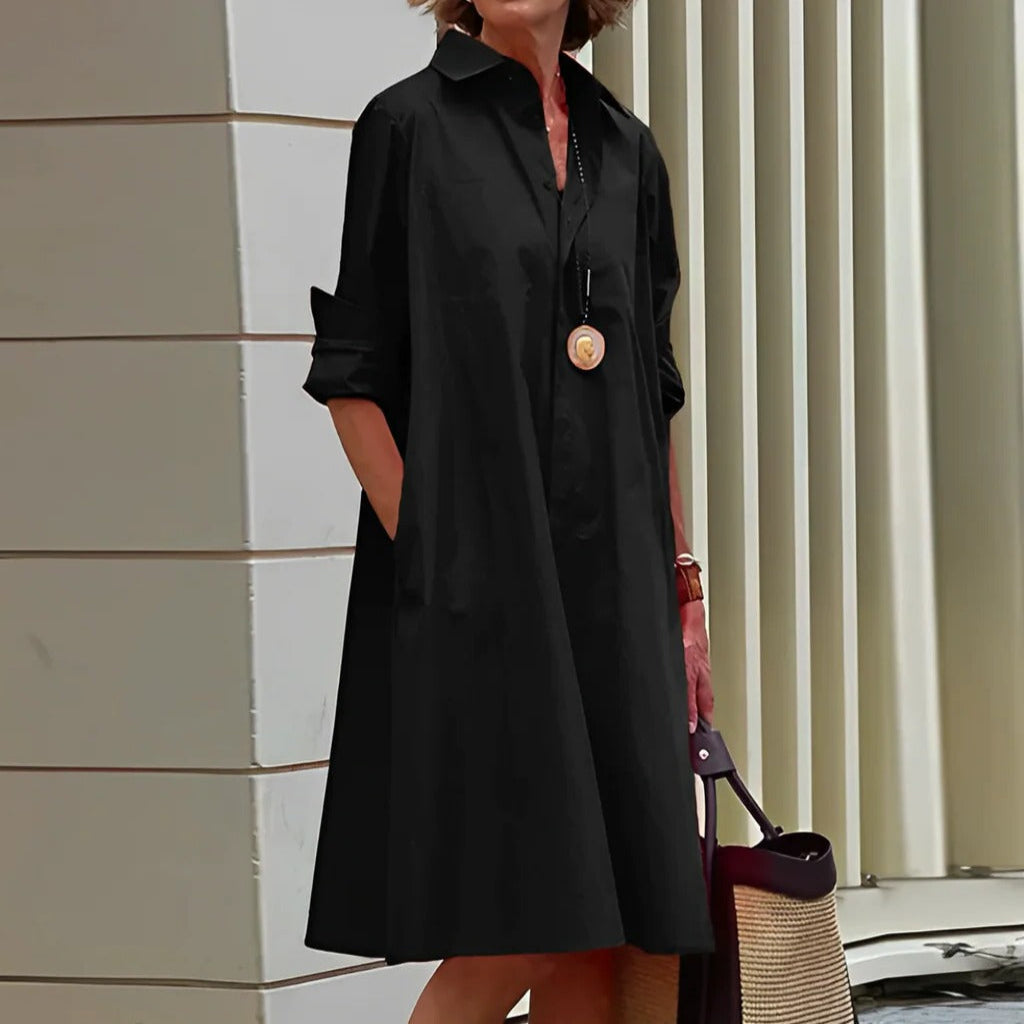 Polo Dress with Elbow Length Sleeves and Side Pockets, Fitted Waist