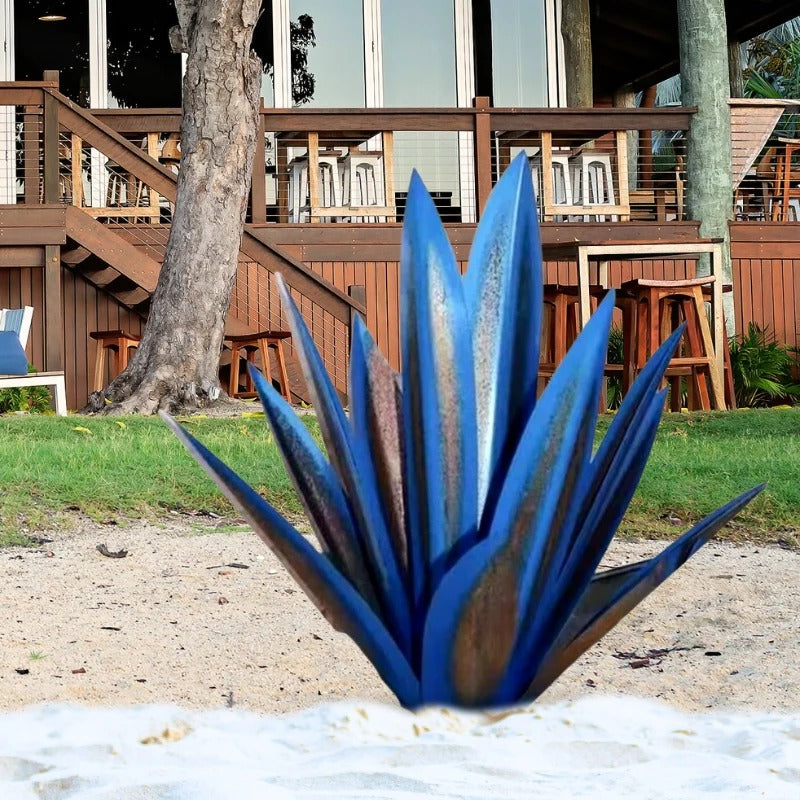 Metal Agave Plant Decorative Sculpture with Rust Finish and Weather Resistant Coating