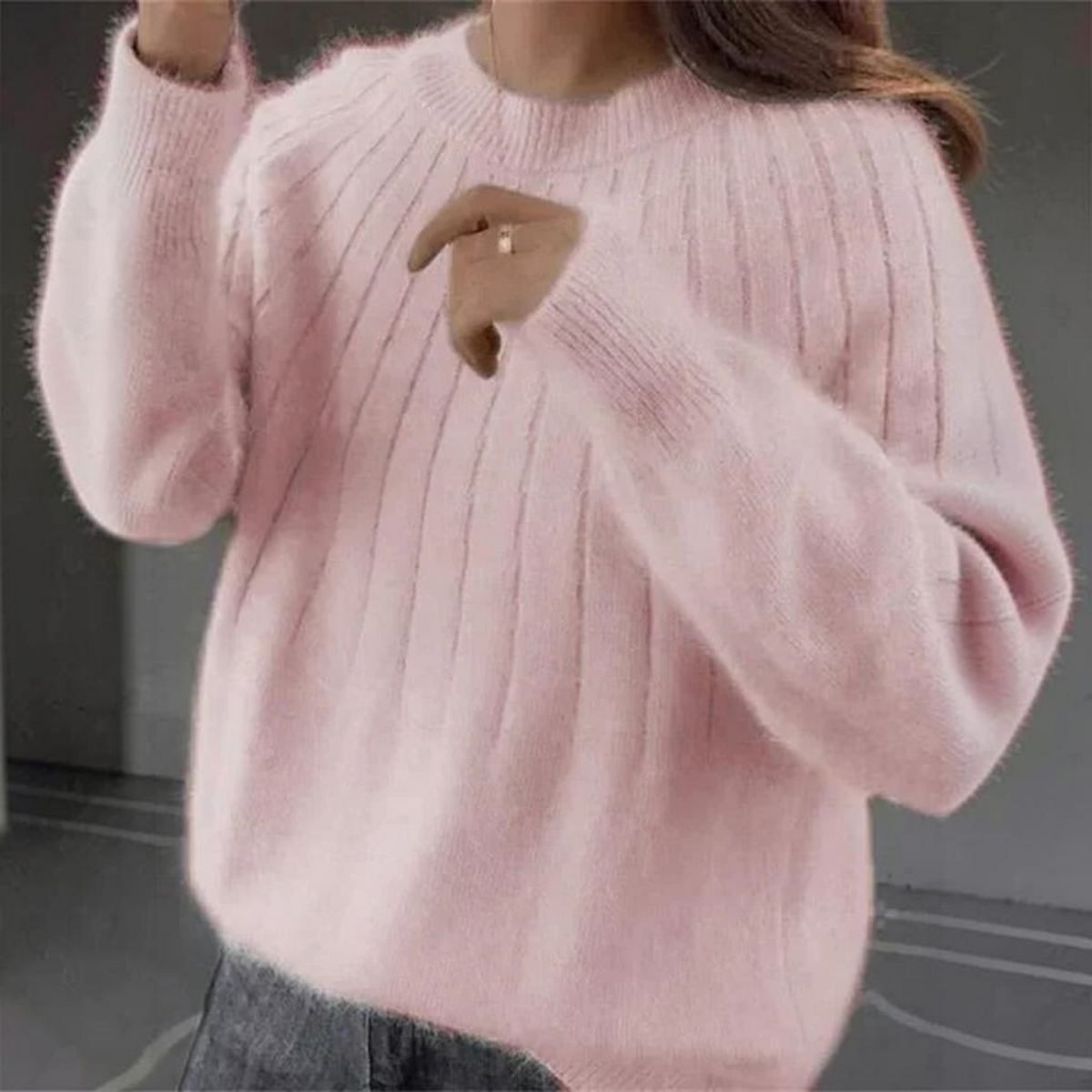 Womens Crewneck Knit Sweater with Ribbed Cuffs and Hip Length Cut