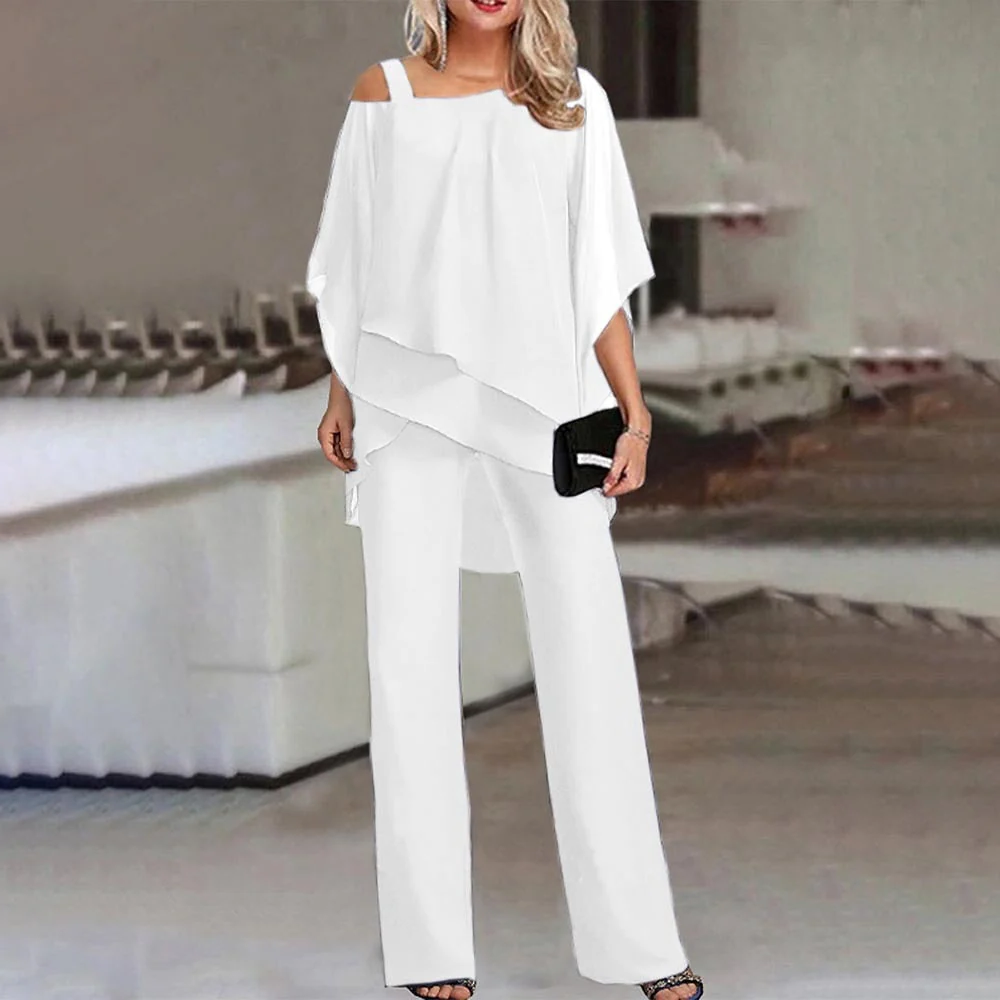 Womens Cold Shoulder Suit with Long Trousers and Cutout Top