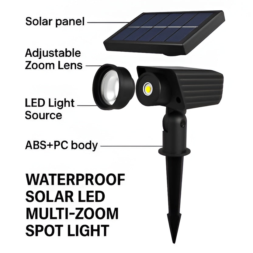 Solar Spotlight with Adjustable Zoom Lens and RGB Color Modes for Garden Paths