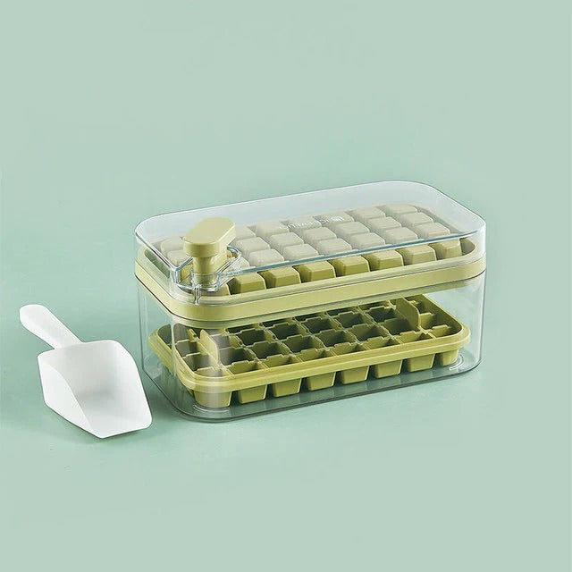 Ice Maker System with Press-Release Mechanism and Storage Bin, Dual Trays with Scoop