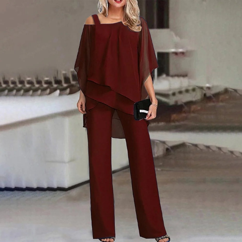 Womens Cold Shoulder Suit with Long Trousers and Cutout Top
