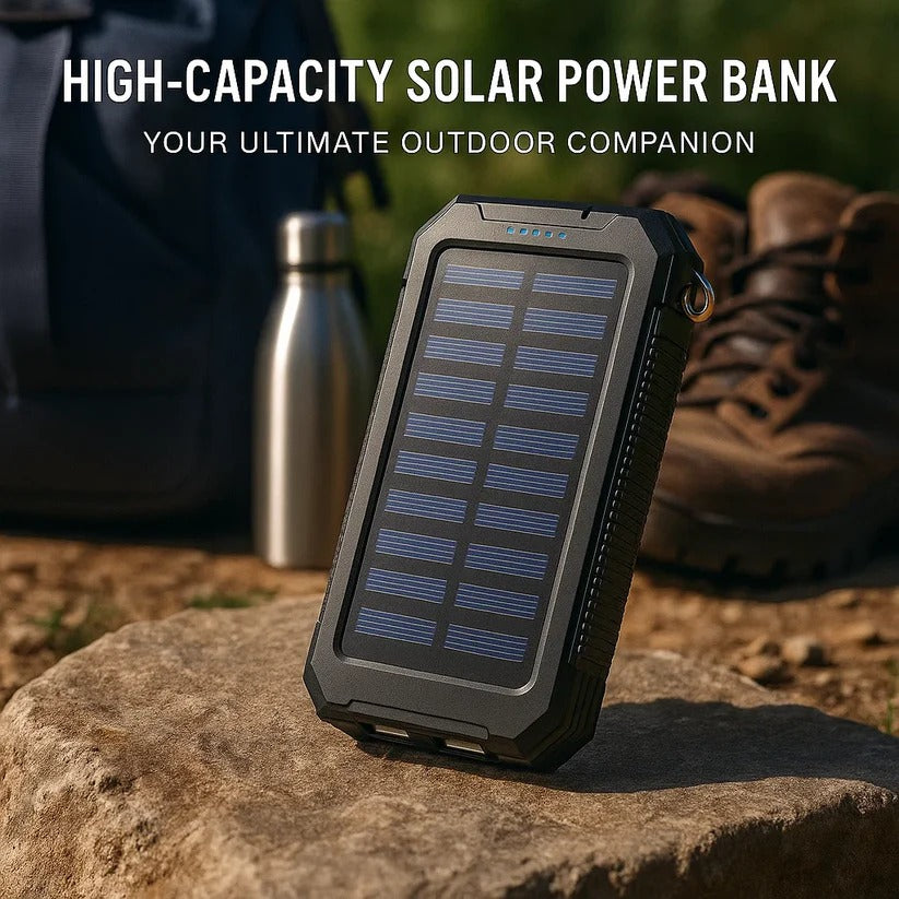 Solar Power Bank 500000mAh with Dual USB Ports and LED Flashlights, IP44 Splash Protection