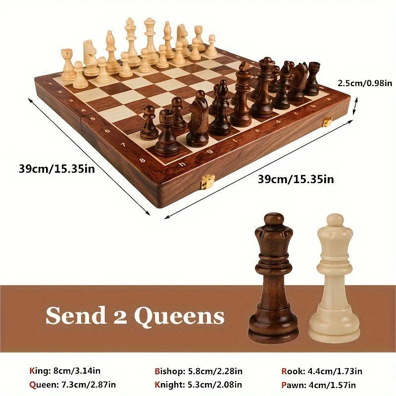 Chess Board with 34 Wooden Pieces and Stable Base, 15.7 Inch