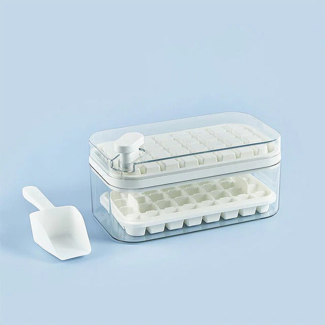 Ice Maker System with Press-Release Mechanism and Storage Bin, Dual Trays with Scoop