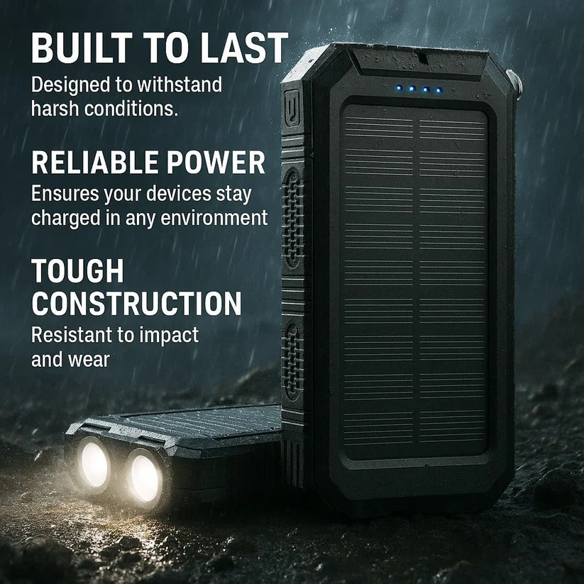 Solar Power Bank 500000mAh with Dual USB Ports and LED Flashlights, IP44 Splash Protection