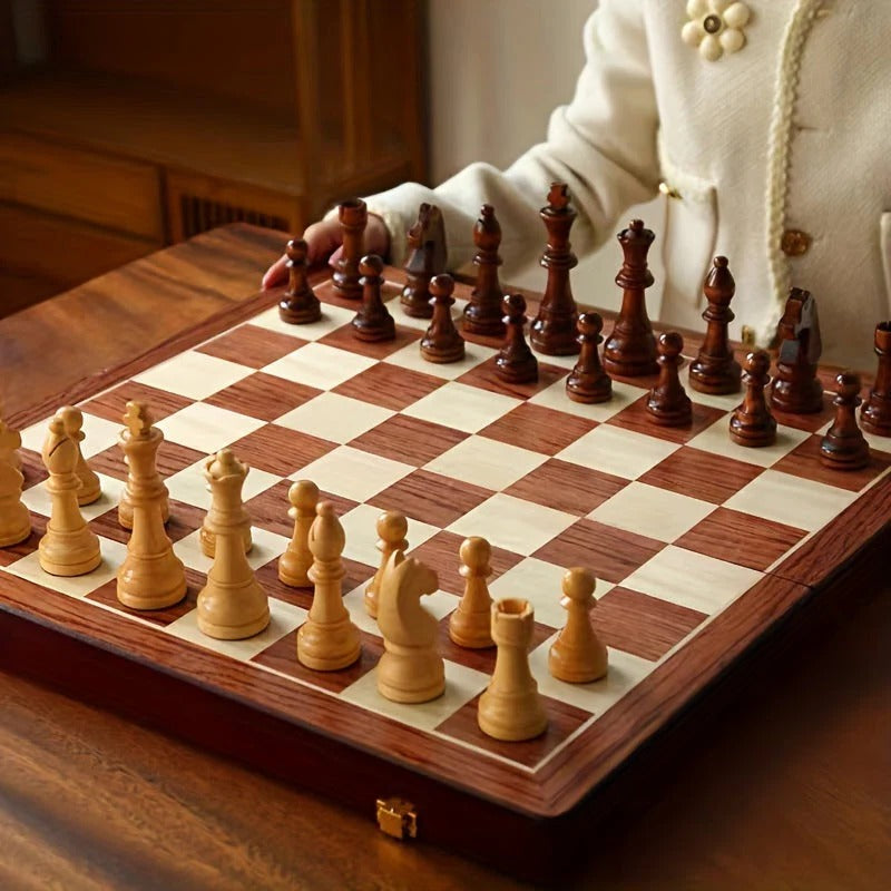 Chess Board with 34 Wooden Pieces and Stable Base, 15.7 Inch