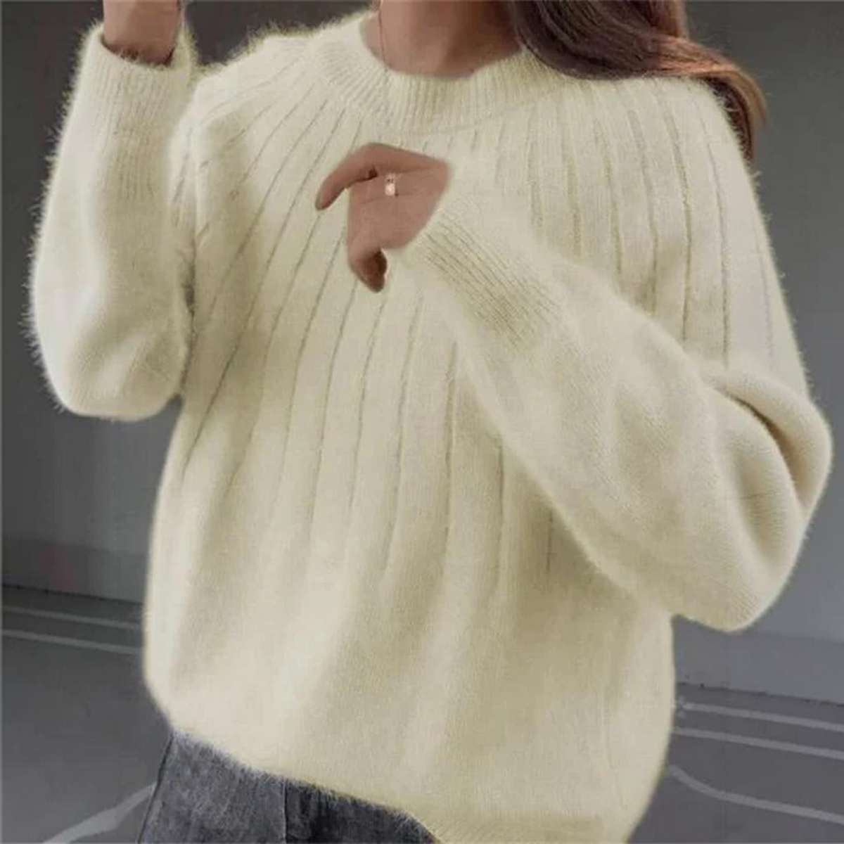 Womens Crewneck Knit Sweater with Ribbed Cuffs and Hip Length Cut