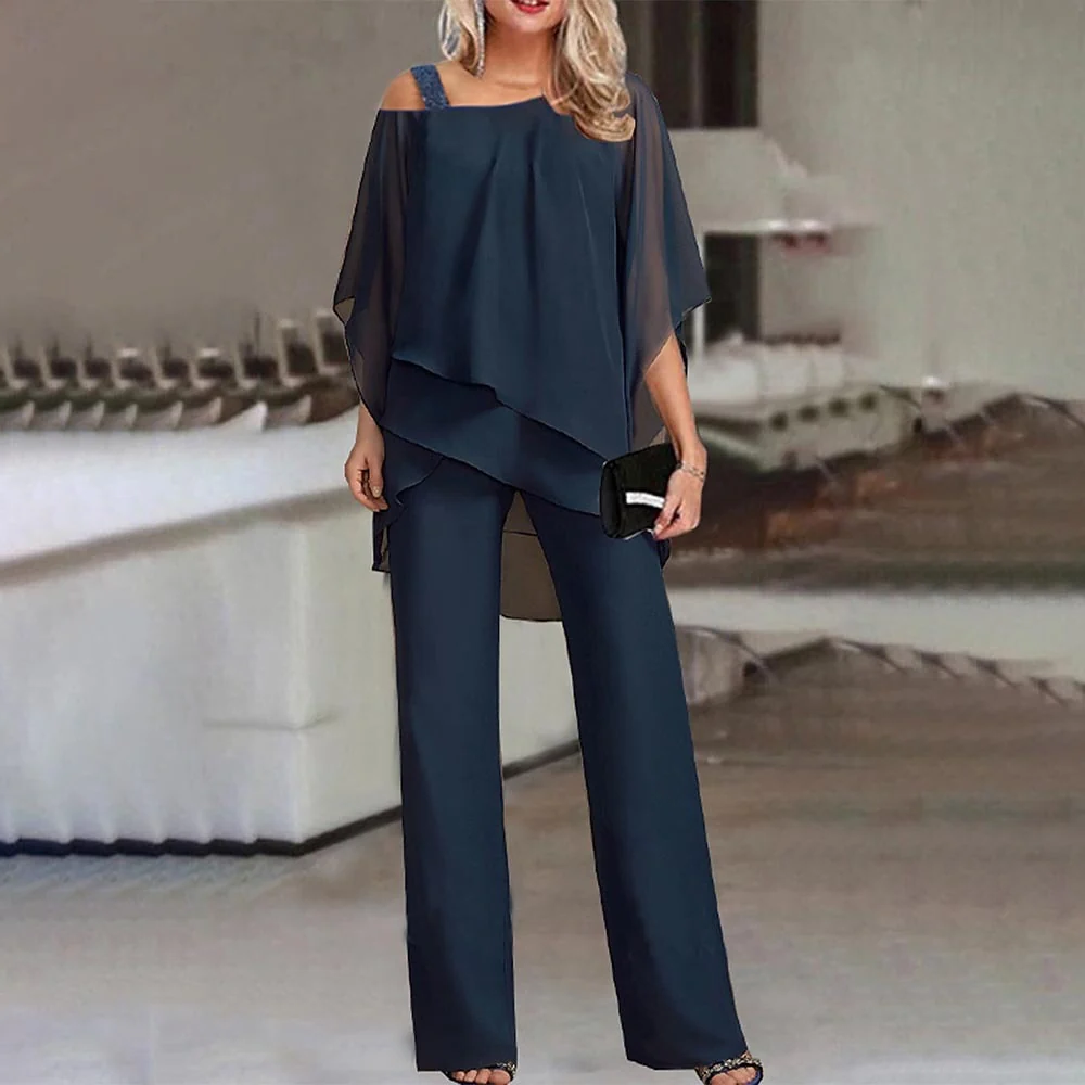 Womens Cold Shoulder Suit with Long Trousers and Cutout Top