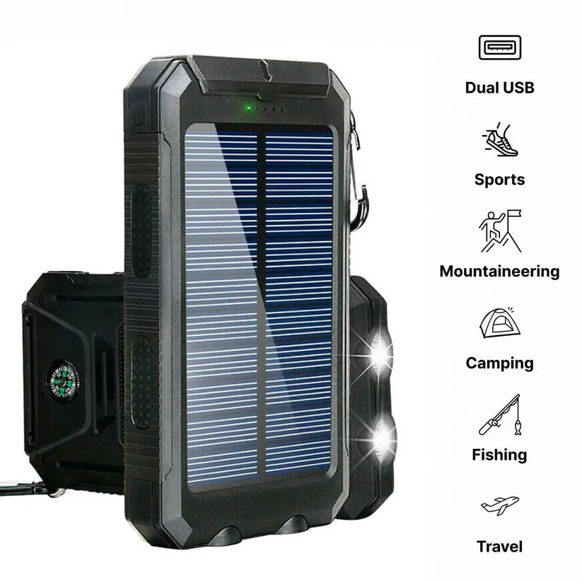 Solar Power Bank 500000mAh with Dual USB Ports and LED Flashlights, IP44 Splash Protection