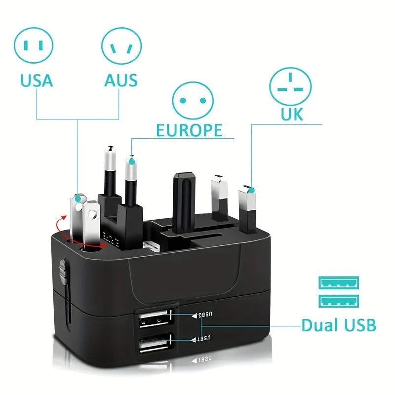 Travel Adapter with Dual USB Ports and Dual Voltage for International Use