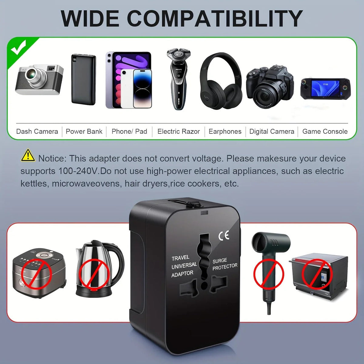 Travel Adapter with Dual USB Ports and Dual Voltage for International Use
