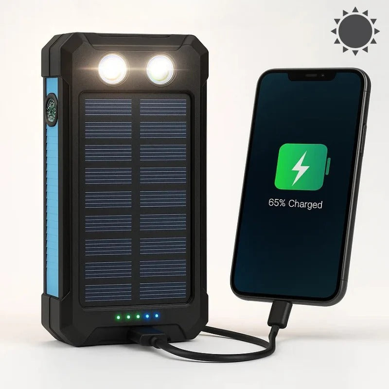 Solar Power Bank 500000mAh with Dual USB Ports and LED Flashlights, IP44 Splash Protection