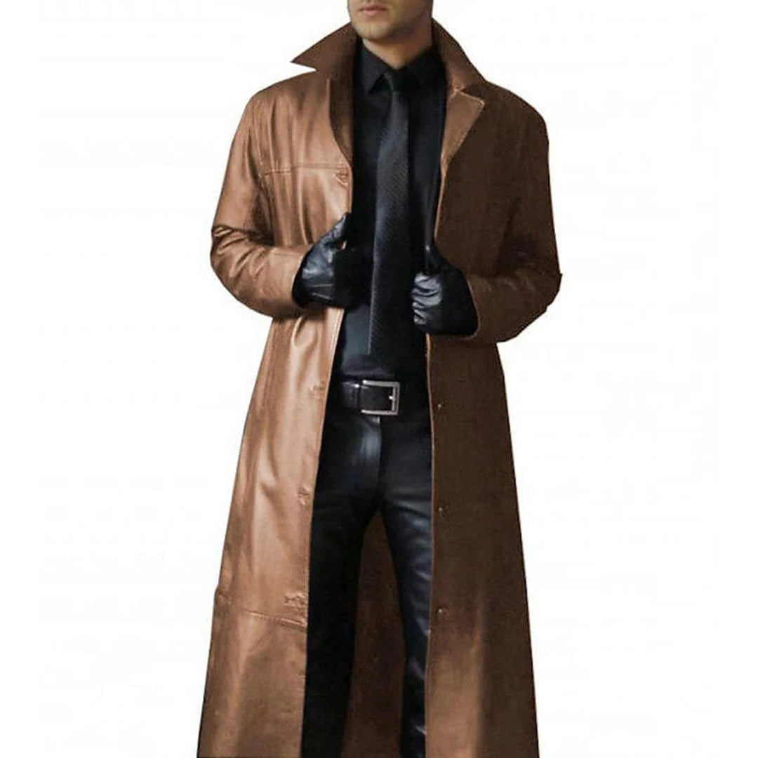 Genuine Leather Coat for Men with Front Zipper and Inside Pockets