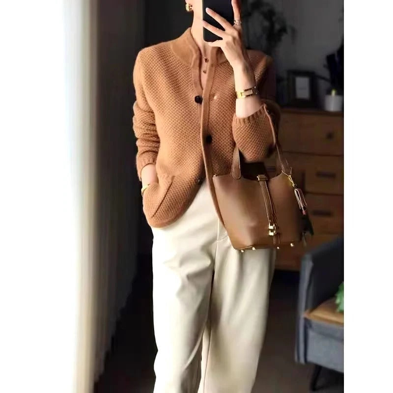 Knit Sweater Jacket with Full Front Closure and Side Pockets for Winter