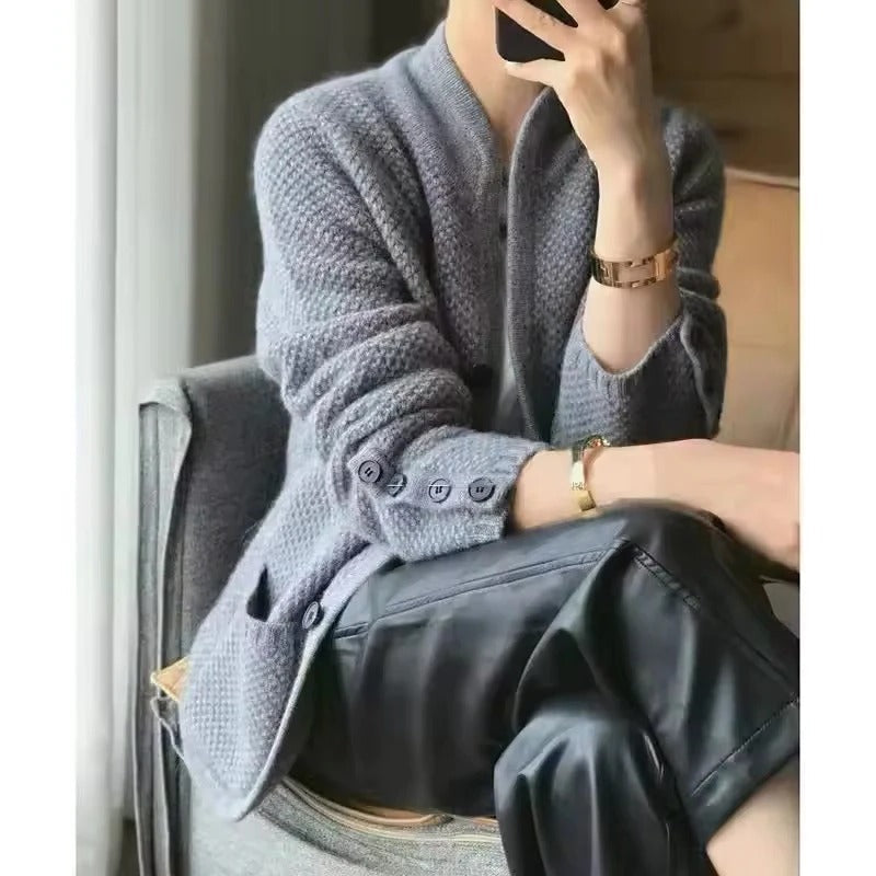 Knit Sweater Jacket with Full Front Closure and Side Pockets for Winter