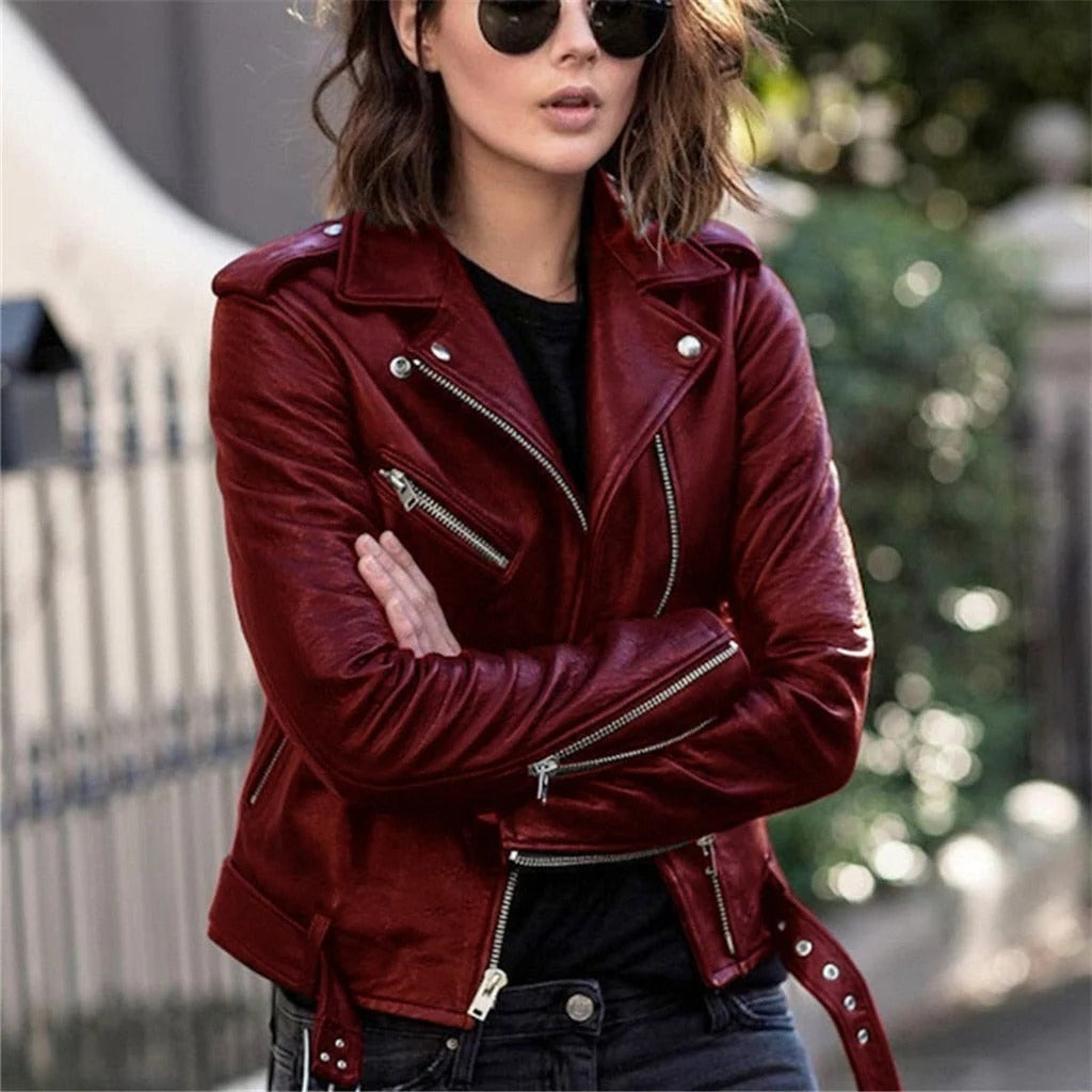 Motorcycle Jacket with Slanted Front Zipper and Adjustable Collar, Multiple Zip Pockets