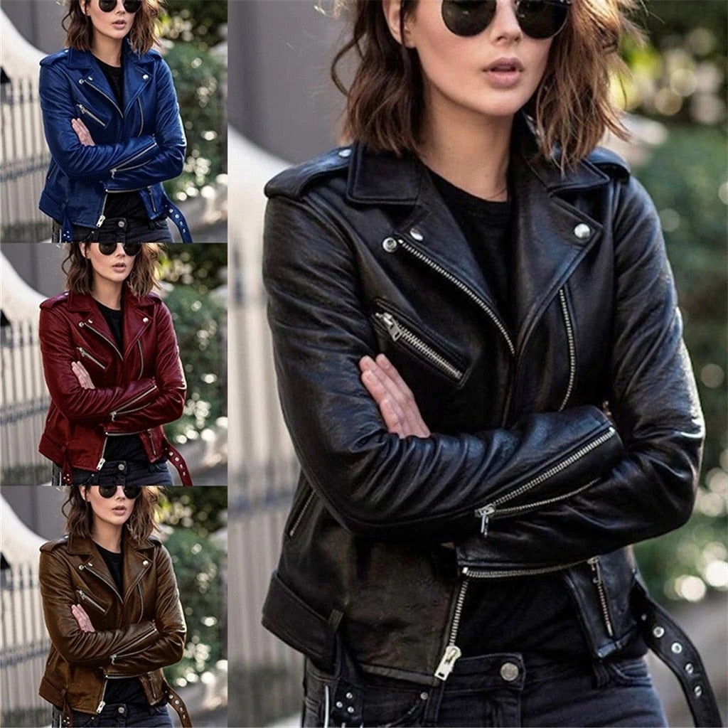 Motorcycle Jacket with Slanted Front Zipper and Adjustable Collar, Multiple Zip Pockets