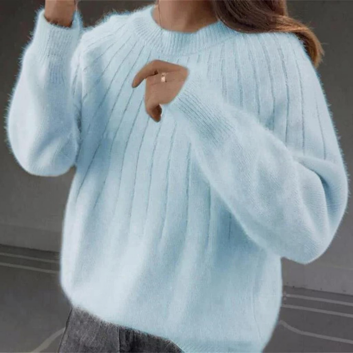 Womens Crewneck Knit Sweater with Ribbed Cuffs and Hip Length Cut