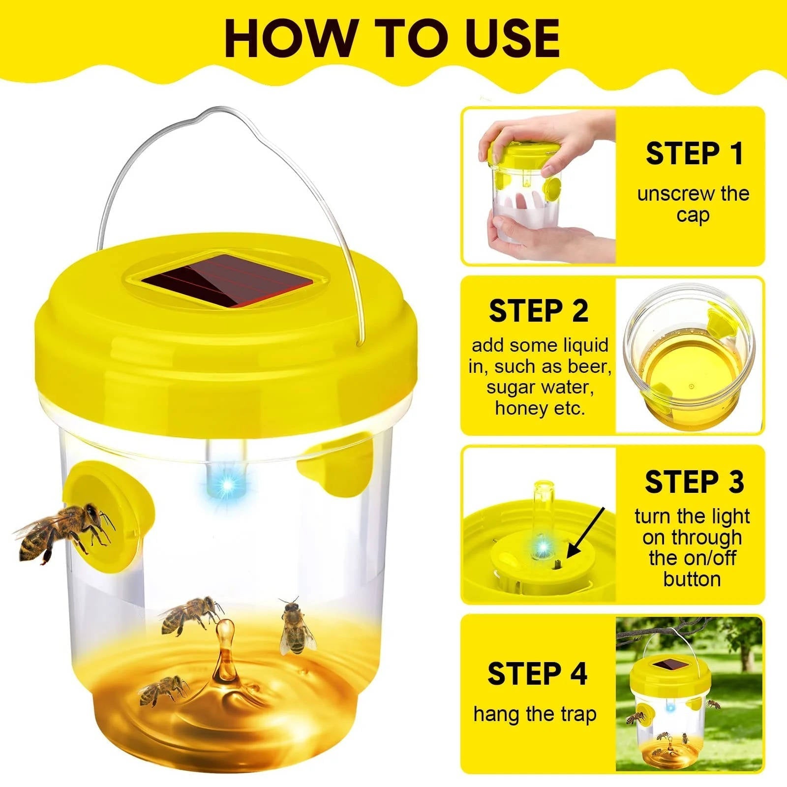 Solar Wasp and Bee Trap with UV Light and Dual Entry Tunnels, 6-Pack