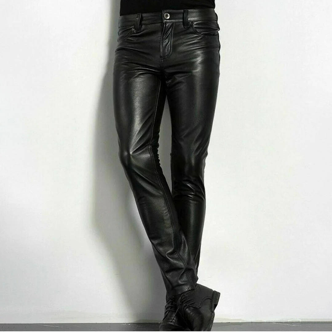 Black Faux Leather Pants with Spandex Stretch and Low Rise Waistline, Ankle Length