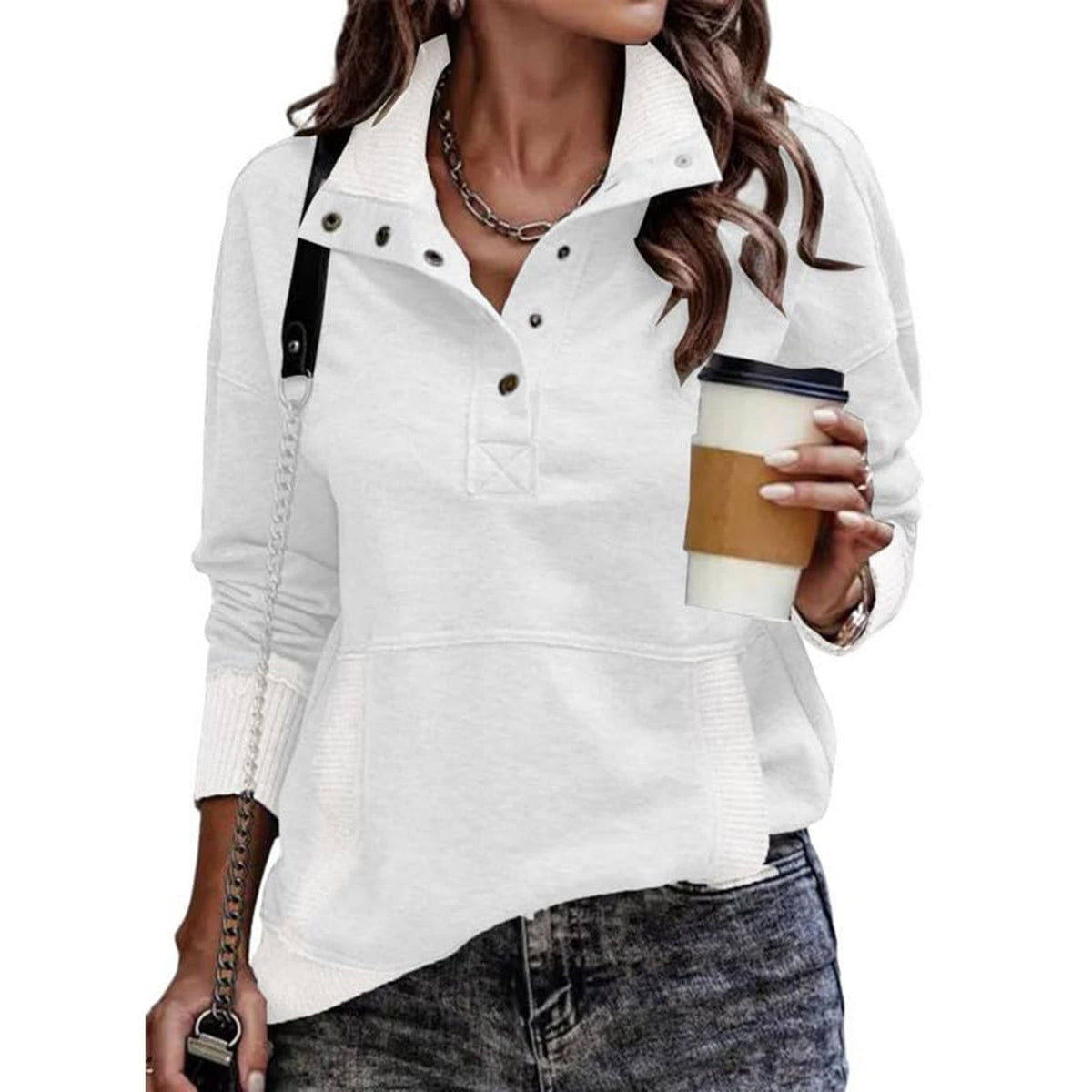 Women's Stand Collar Pullover with Drawstring Neckline and Front Pockets