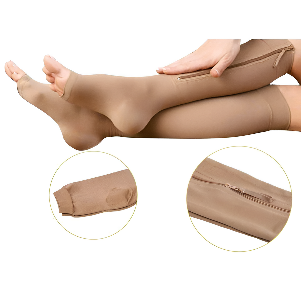 Compression Socks with Side Zipper and Open Toe, 20-30 mmHg Graduated Pressure