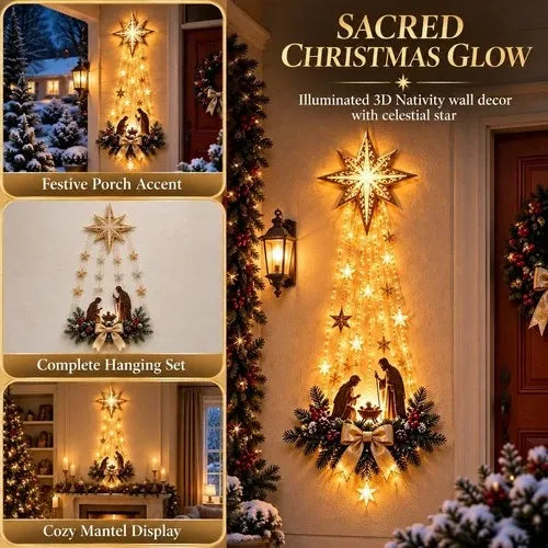 Nativity Scene Wall Ornament with Warm White LED Lights and Star Cutout