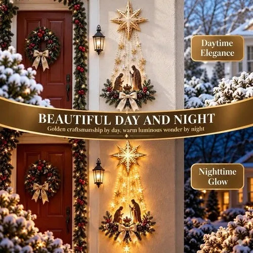 Nativity Scene Wall Ornament with Warm White LED Lights and Star Cutout