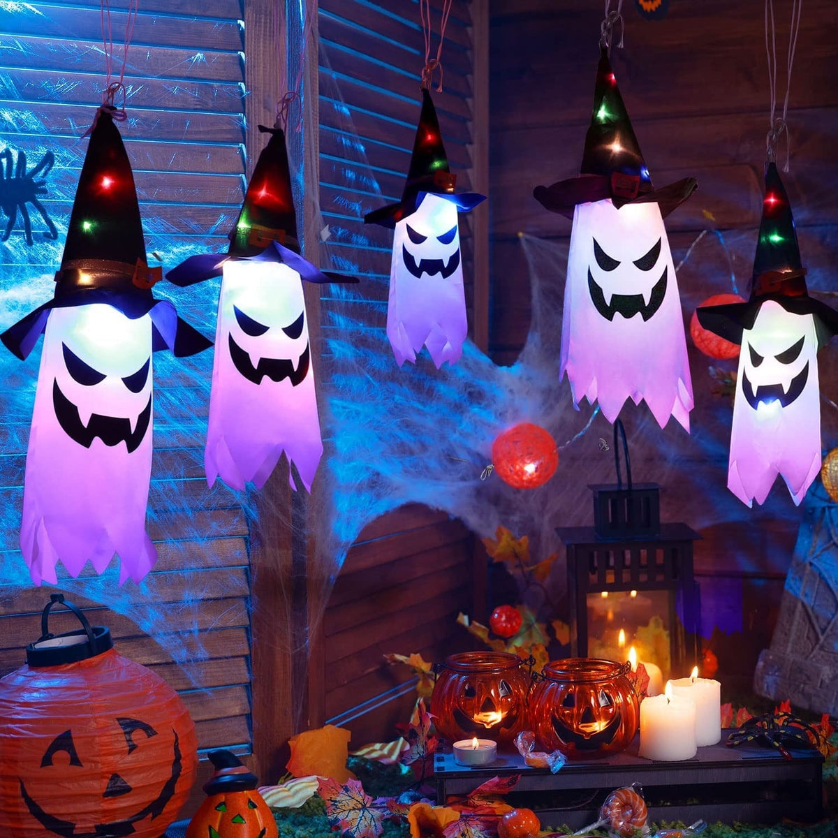 Multicolor LED Ghost String Lights 9.8ft with 5 Witch Hat Ghosts and Flash Modes