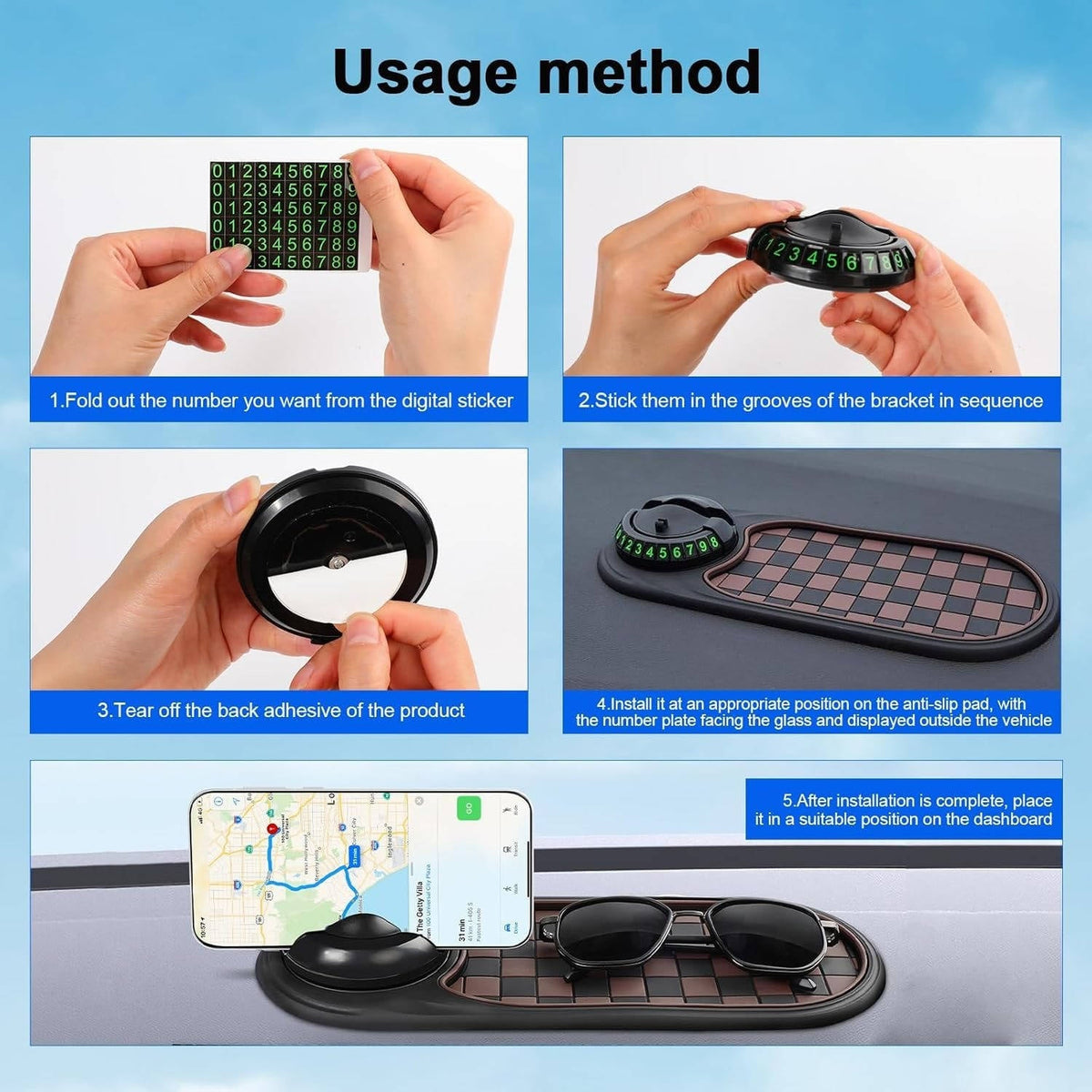 Dashboard Car Phone Holder with Telescopic Spring Grip and Storage Compartments, 360 Degree Rotation