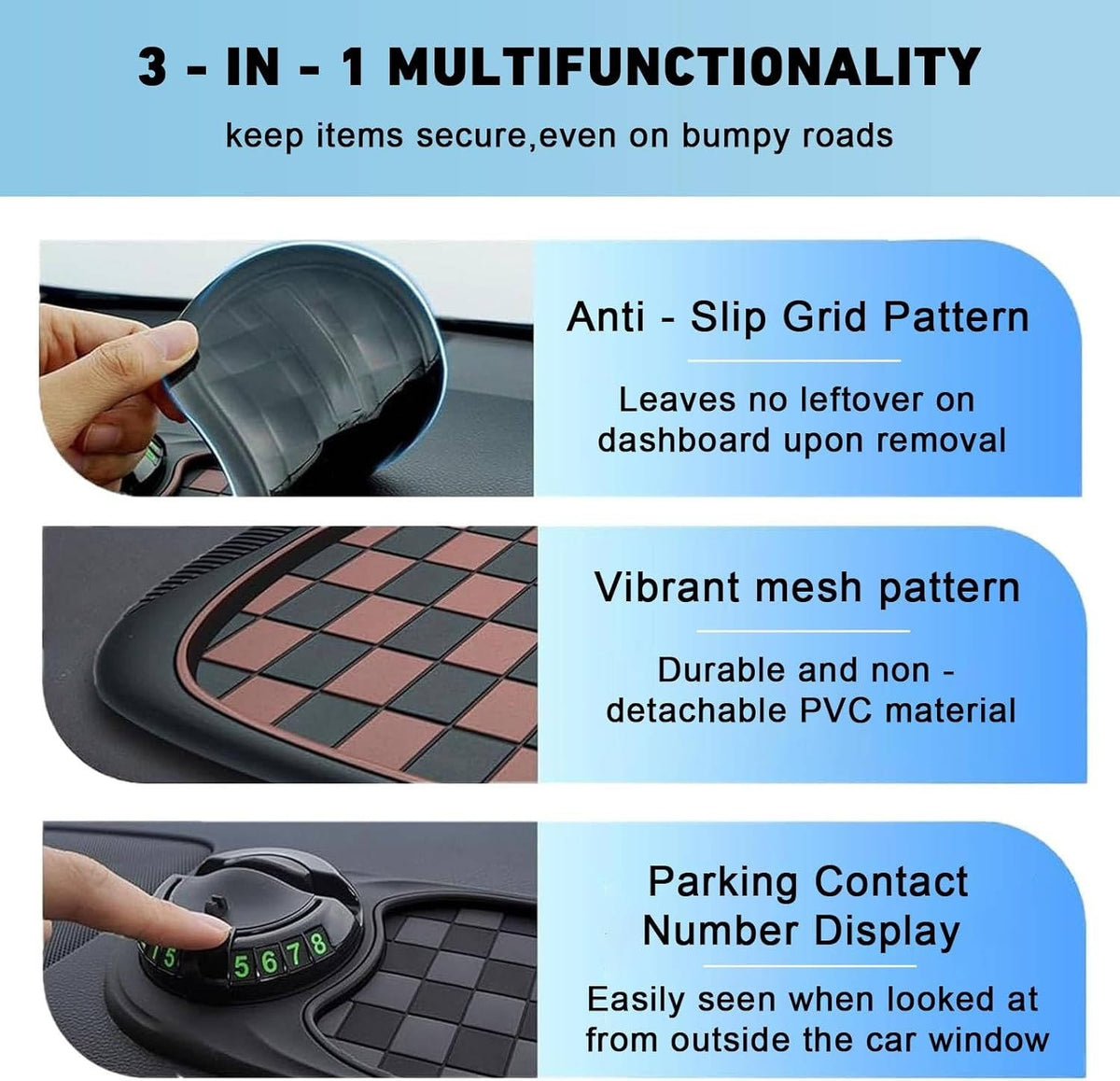 Dashboard Car Phone Holder with Telescopic Spring Grip and Storage Compartments, 360 Degree Rotation