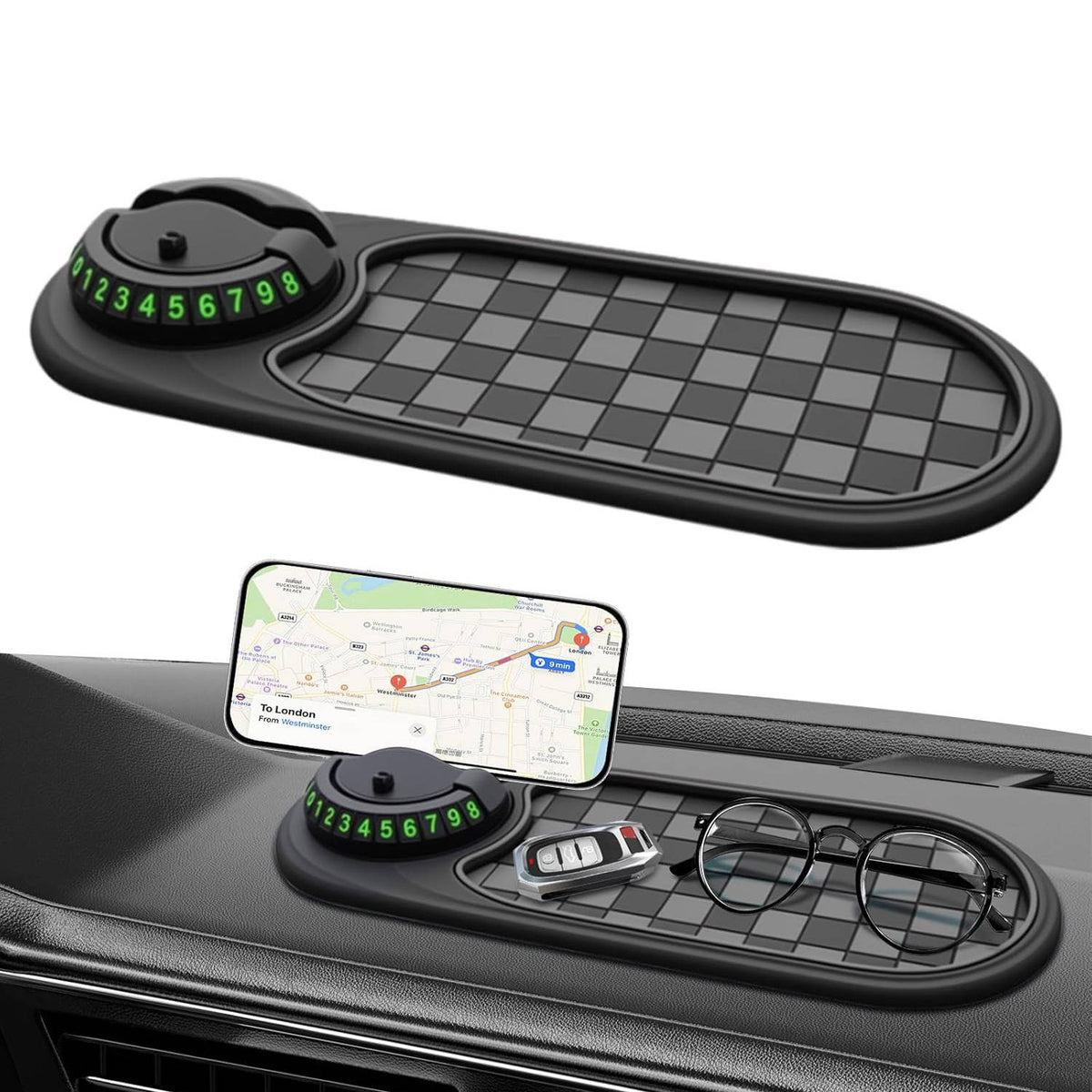 Dashboard Car Phone Holder with Telescopic Spring Grip and Storage Compartments, 360 Degree Rotation
