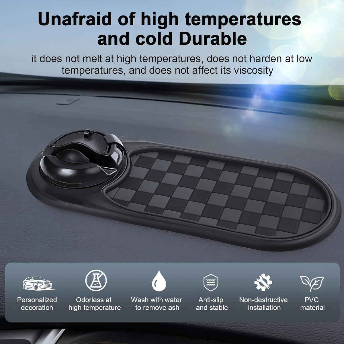 Dashboard Car Phone Holder with Telescopic Spring Grip and Storage Compartments, 360 Degree Rotation